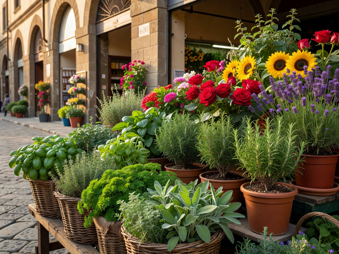 Baskets of herbs, potted rosemary, and colorful flower bunches outside the Sant'Ambrogio market hall