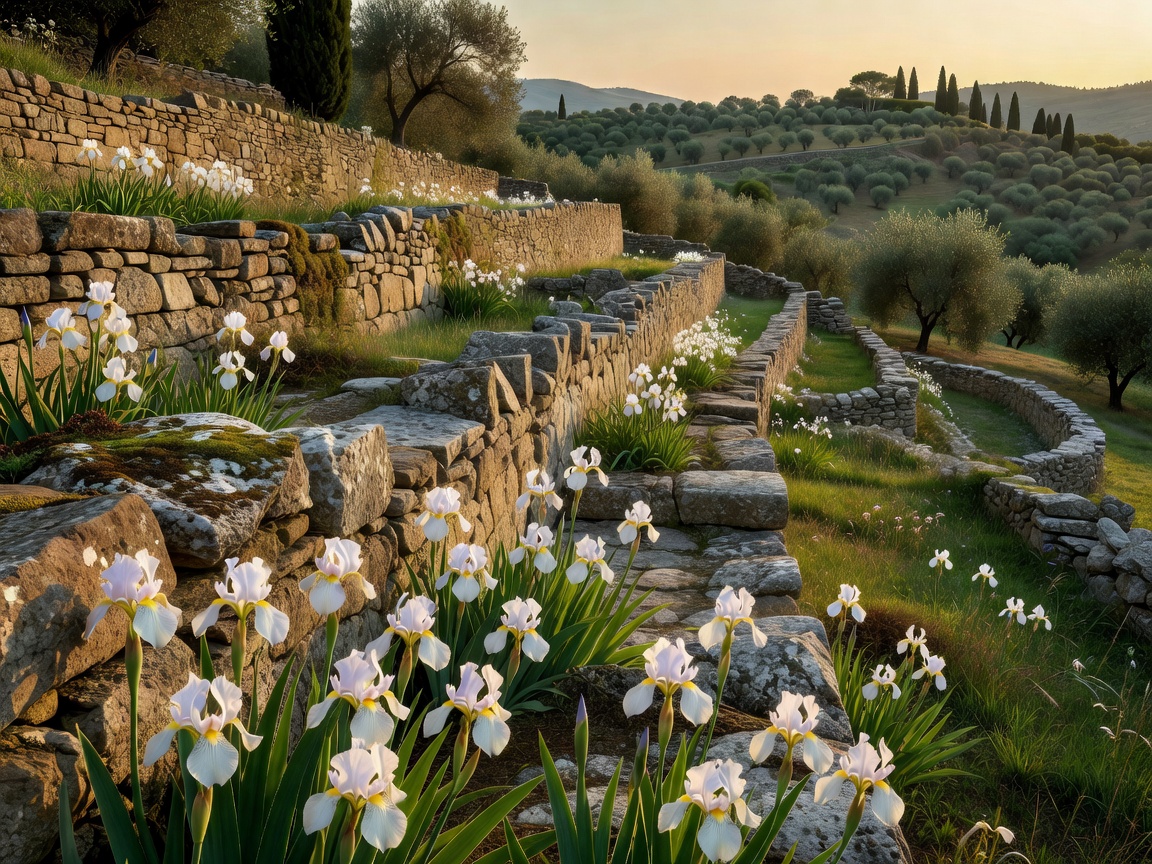 Delicate pale iris blooms growing along ancient stone terracing in the Tuscan countryside