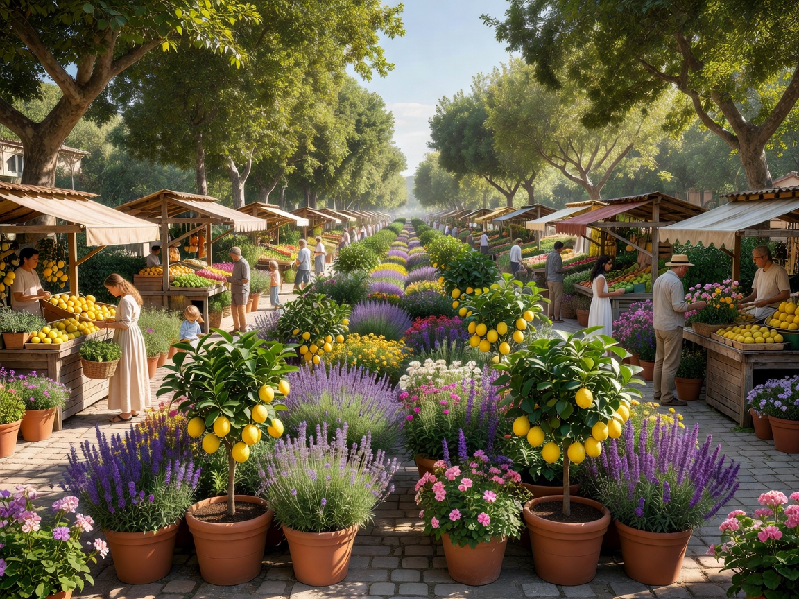 Expansive tree-lined promenade market with multiple rows of potted lemon trees and perennials