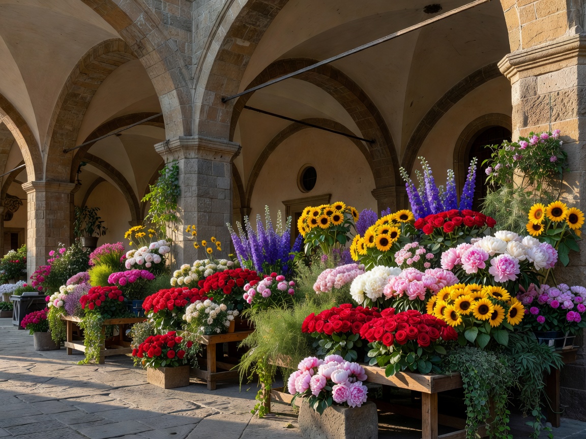 Flower displays arranged under the vaulted stone arches of the Loggia del Porcellino