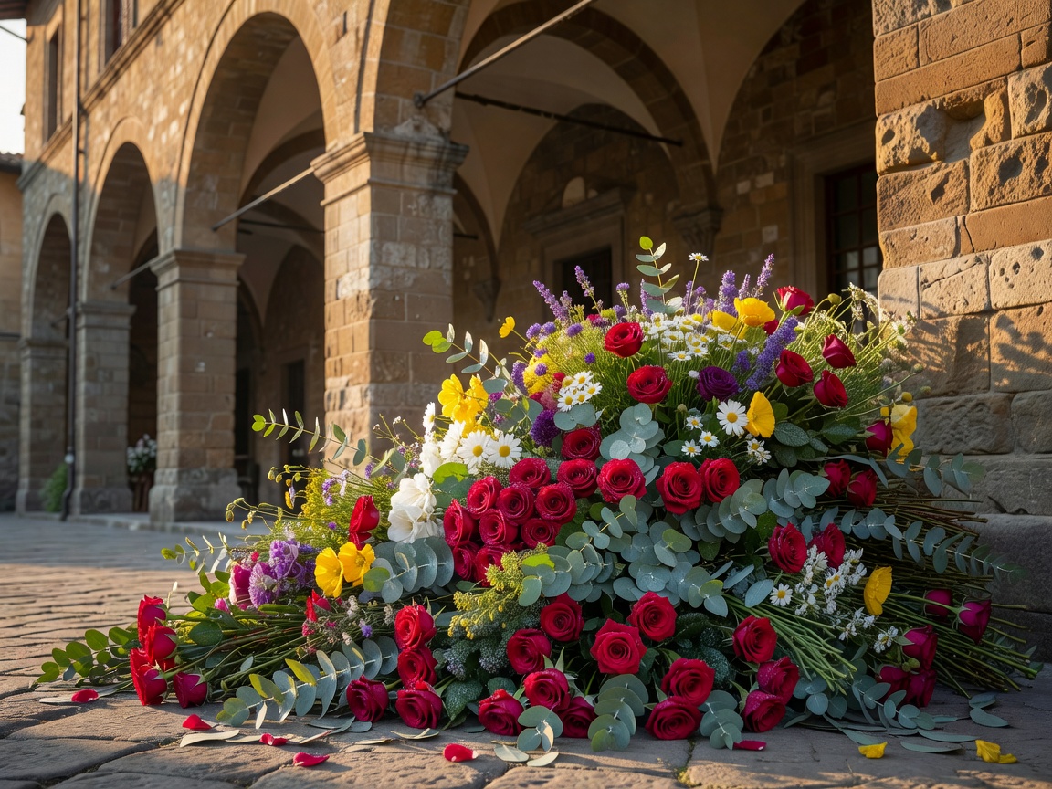 Fresh cut roses, eucalyptus, and field blossoms stacked outside a historic stone loggia in Florence