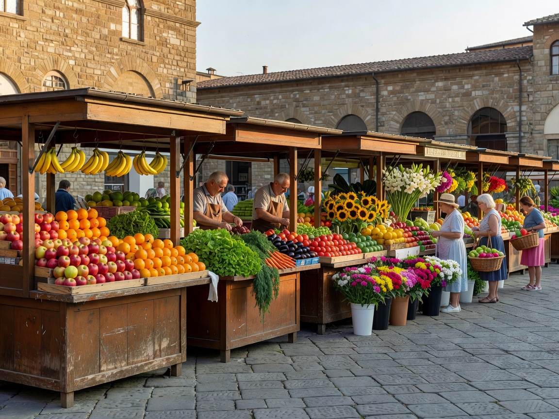 Outdoor fruit, vegetable, and floral kiosks lining Piazza Ghiberti at Sant'Ambrogio