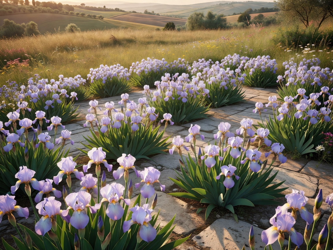 Pale purple and white Tuscan irises blooming on an open hillside terrace