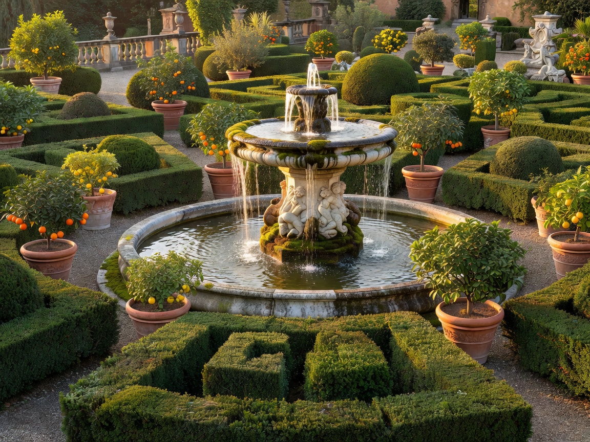 Renaissance fountains, trimmed hedges, and terracotta potted citrus trees in Boboli Gardens
