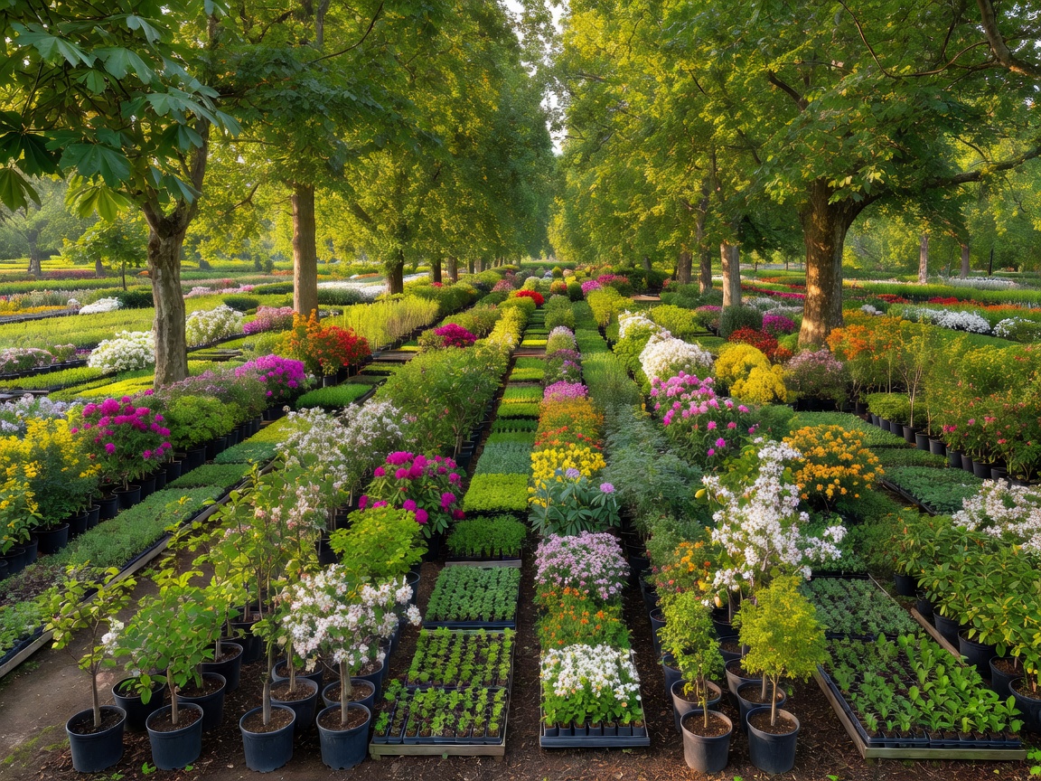 Row upon row of potted fruit trees, flowering shrubs, and horticultural flats under mature plane trees