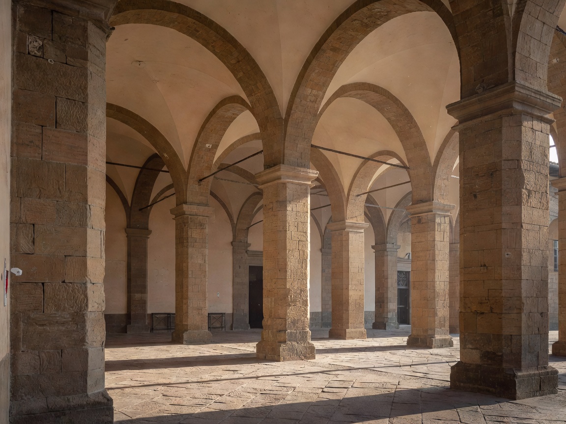 Stone pillars and arched ceilings of the Mercato Nuovo loggia in Florence