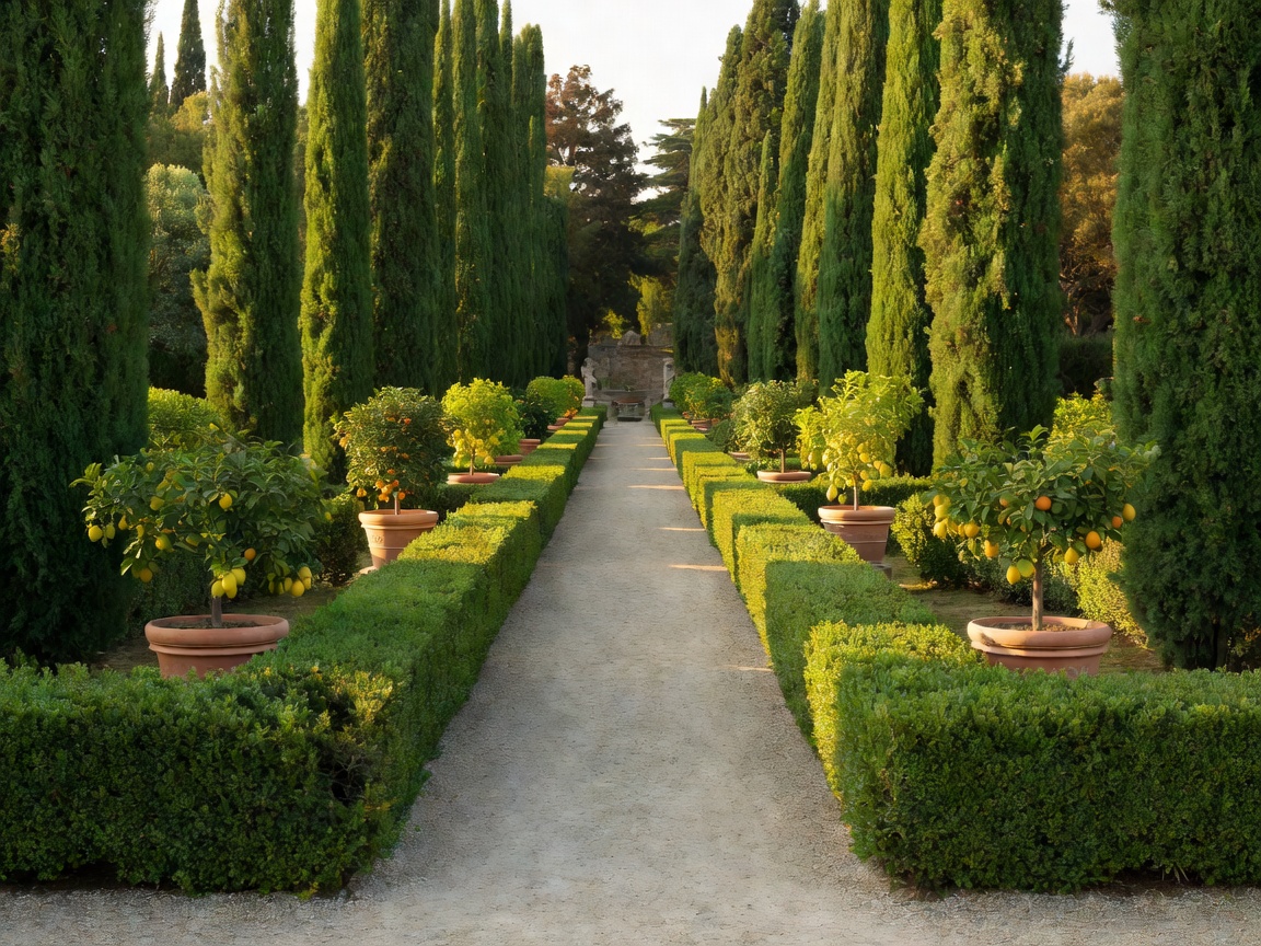 Symmetrical paths of clipped boxwood hedges, tall cypress trees, and potted citrus in the Boboli Gardens